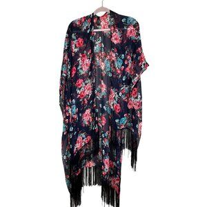 Colorful Floral Sheer Cardigan Black Fringe Boho Indie Folk Hippie Peasant Chic